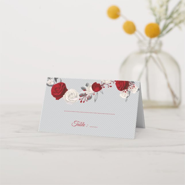 Carte De Placement fleurs rouges et blanches argent feuille gris (Devant)