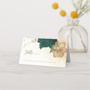 Carte De Placement fleurs vert émeraude et or beige