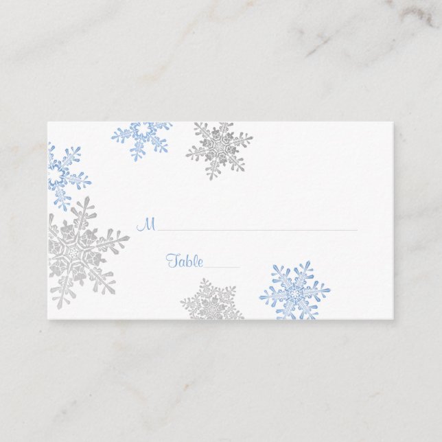 Carte De Placement Flocon de neige en argent bleu Mariage d'hiver Car (Devant)