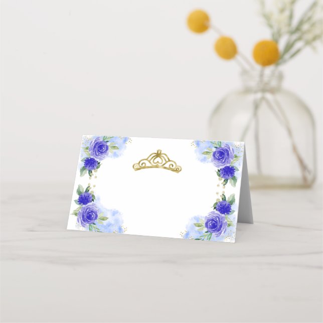 Carte De Placement Floral bleu Tiara Quinceanera (Devant)