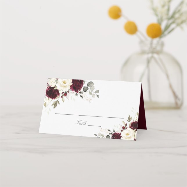 Carte De Placement Floral Bourgogne Blanc Vert Élégant Carte Place (Devant)