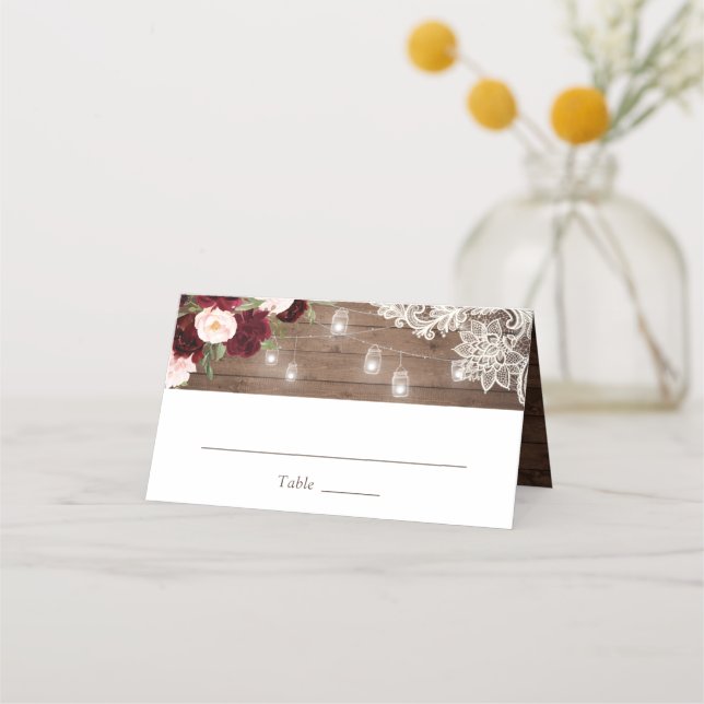 Carte De Placement Floral Bourgogne Rustique Lumières de dentelle en  (Devant)