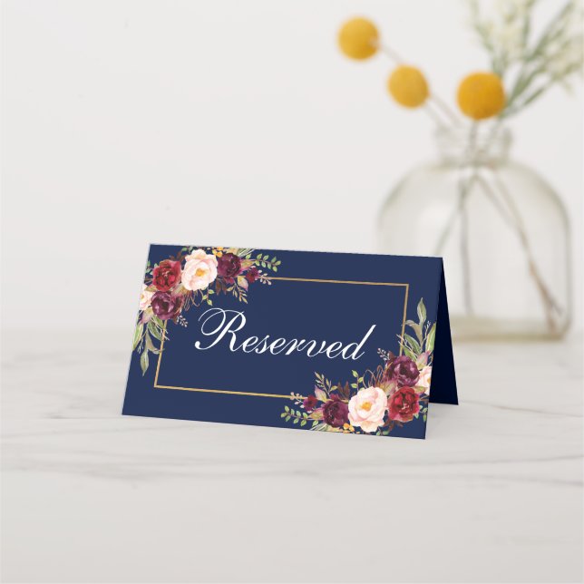 Carte De Placement Floral Burgundy Blue Mariage Réservé (Devant)