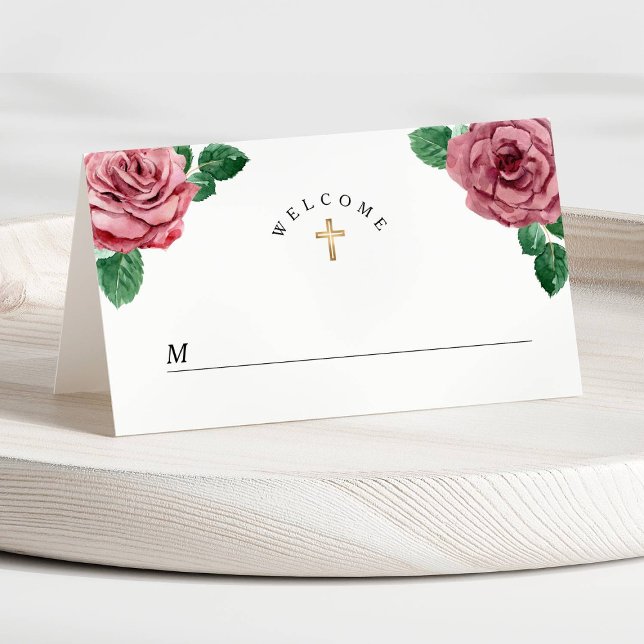 Carte De Placement Floral Peonies roses Religieux Première Communion (Floral Pink Peonies Religious First Communion Place Card)