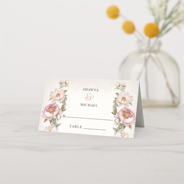 Carte De Placement Floral Pink Peony Elégante Réception De Mariage De (Devant)