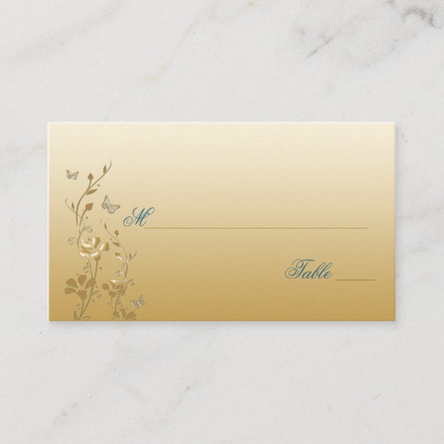 Carte De Placement Floral turquoise et or avec Papillons (Devant)