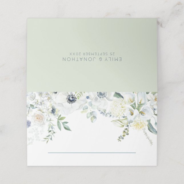 Carte De Placement Florales blanches Eucalyptus Noms de feuille Date  (Extérieur déplié)