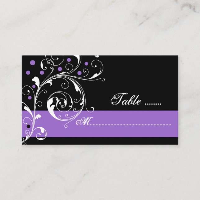 Carte De Placement Flore feuille de défilement noir violet mariage ca (Devant)