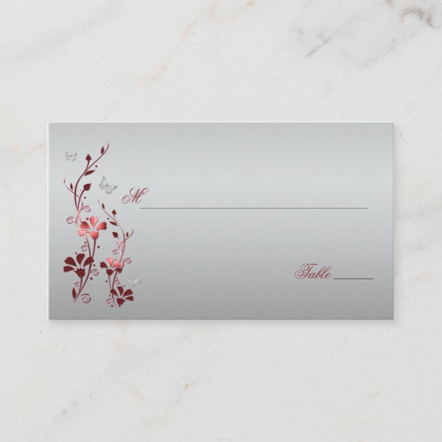 Carte De Placement Flore rouge et argent avec Papillons (Devant)