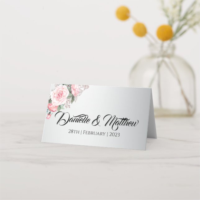 Carte De Placement Flores rose sur Mariage argent (Devant)