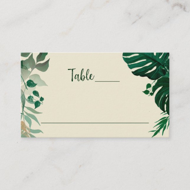 Carte De Placement Foliage Tropical Vert Moderne Mariage Numéro de ta (Devant)
