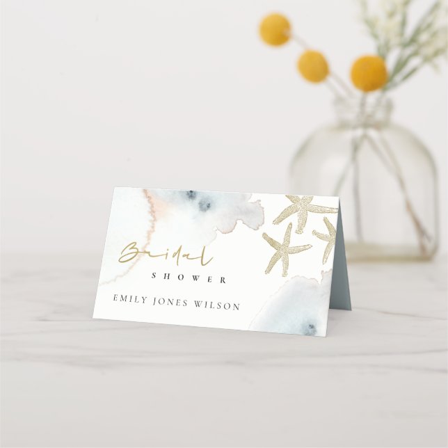 Carte De Placement Gold Dusky Blue Beachy Starfish Fête des mariées (Dos)