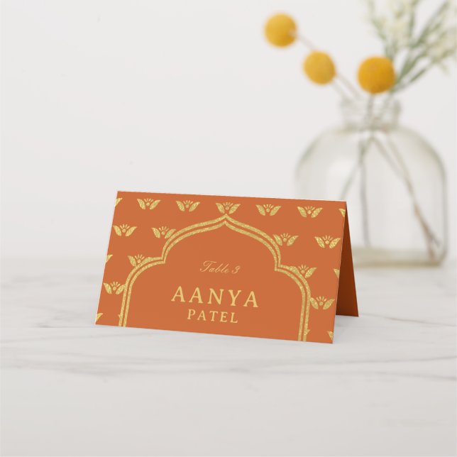 Carte De Placement Gold Elephant & Lotus Flower Mariage nom de l'esco (Devant)