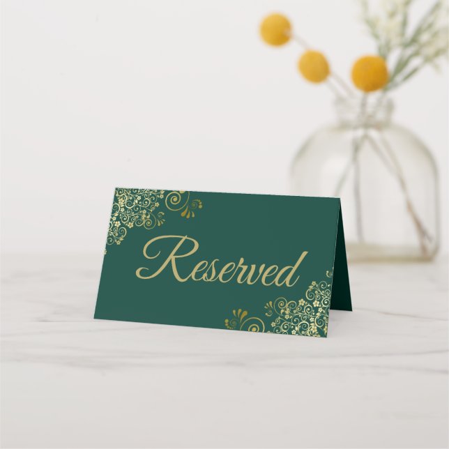 Carte De Placement Gold Frills Emerald Green Elegant Wedding Réservé (Dos)