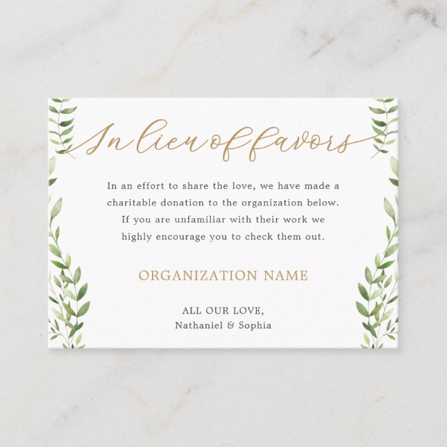 Carte De Placement Gold Greenery Aquarelle Charity Dons (Devant)
