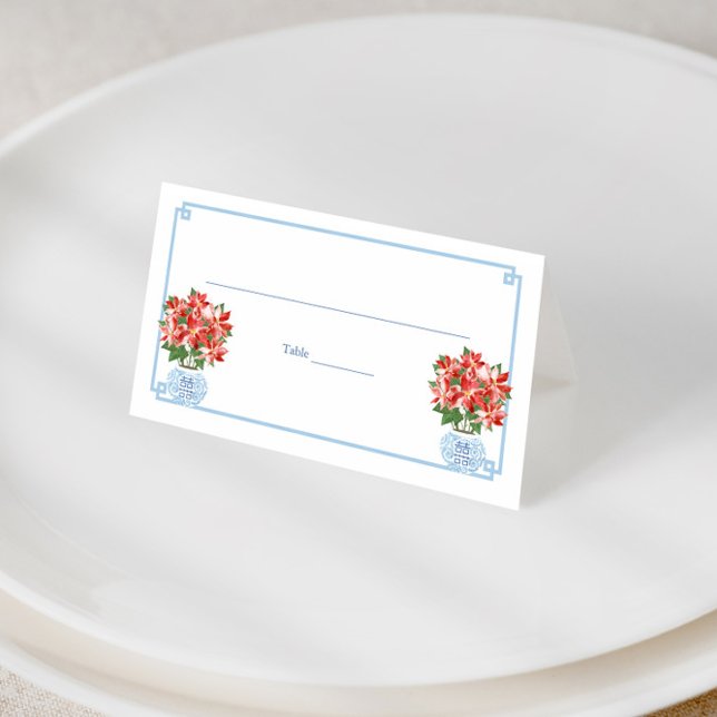 Carte De Placement Grand-millénaire Chic Red Poinsettia fête de Noël (Elegant red poinsettia ginger jar christmas holidays place card or food tent)
