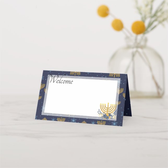 Carte De Placement Hanoukka Blue & Gold Menorah Motif Navy Blue (Devant)