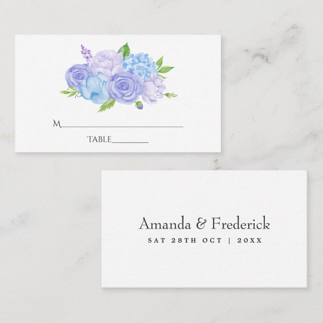 Carte De Placement Hydrangea Blue et Lavender Mariage clair (Devant / Derrière)