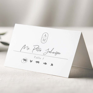 Carte De Placement Initiales modernes simples avec options de repas m