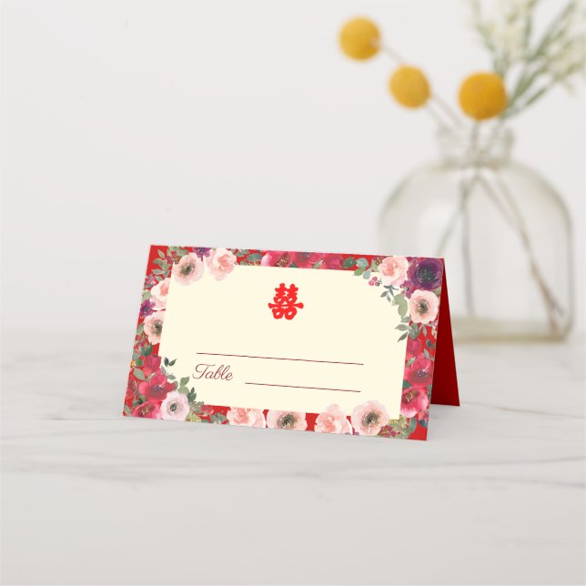 Carte De Placement Jardin fleuri rouge mariage chinois (Devant)