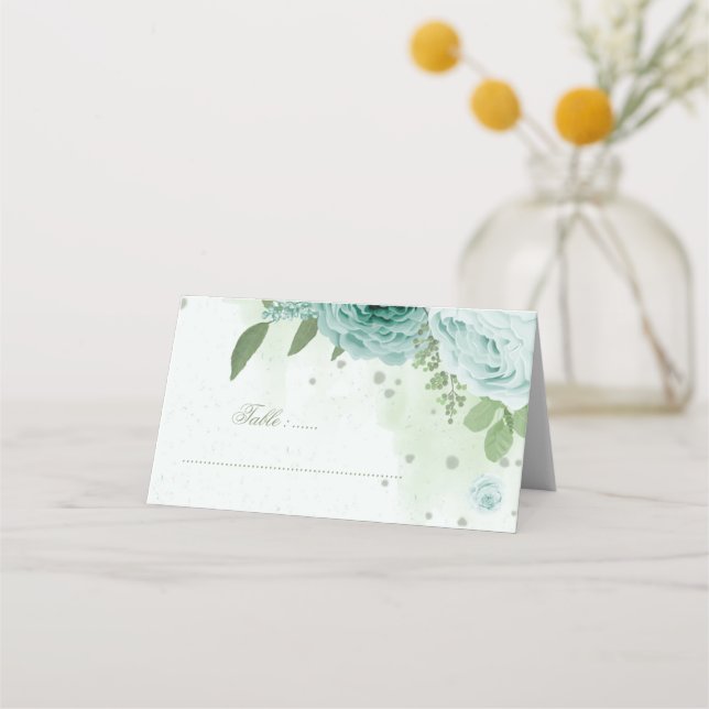 Carte De Placement joli bleu fleurs vert feuille botanique (Devant)