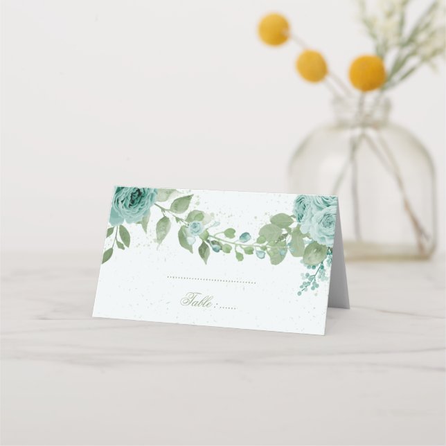 Carte De Placement joli bleu fleurs vert feuille botanique (Devant)