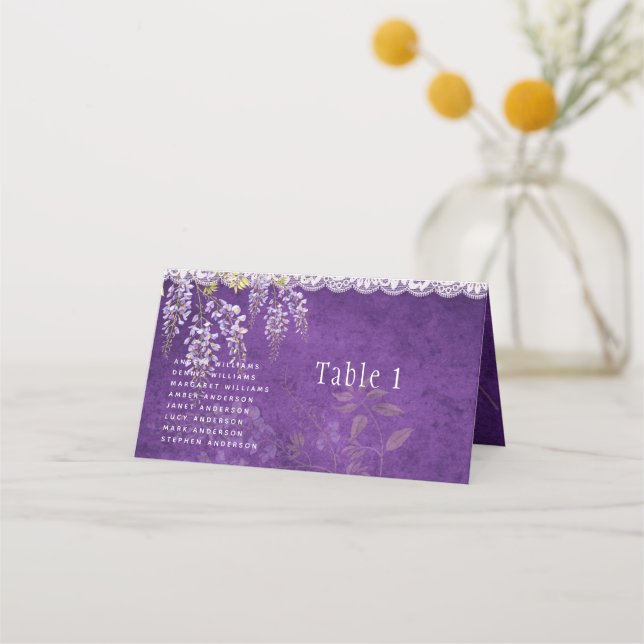 Carte De Placement Joli Mariage de dentelle WISTERIA violet rustique (Devant)