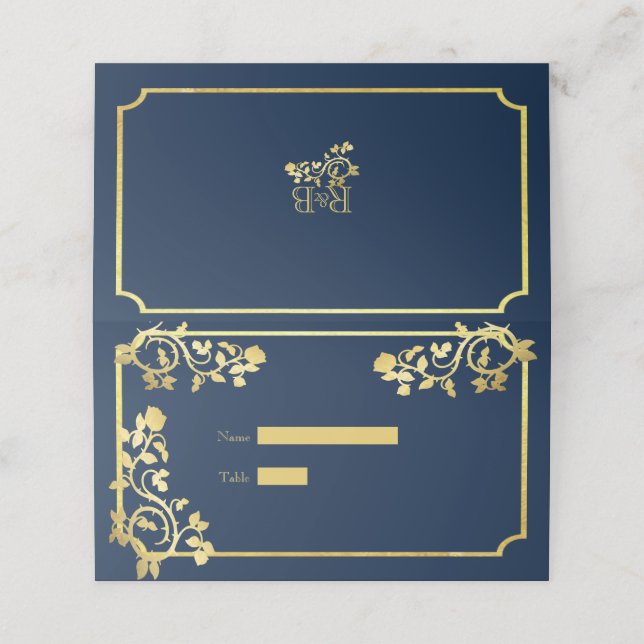 Carte De Placement Joli Roses or Foil sur Mariage bleu foncé (Extérieur déplié)