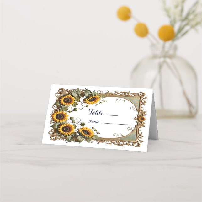 Carte De Placement Joli tournesol jaune avec cadre d'art mariage (Devant)