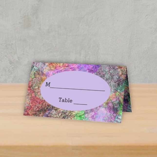 Carte De Placement Jolies couleurs violet rose jaune vert rayé (Abstract swirls of colours in pastels with grey circles on standing table event place card.)