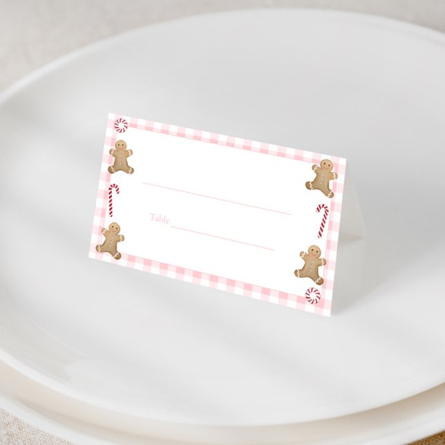 Carte De Placement Jours fériés Noël Cookie Swap Buffet Alimentation  (Cute pink gingham and gingerbread man candy canes holiday place card or buffet card or food cards)