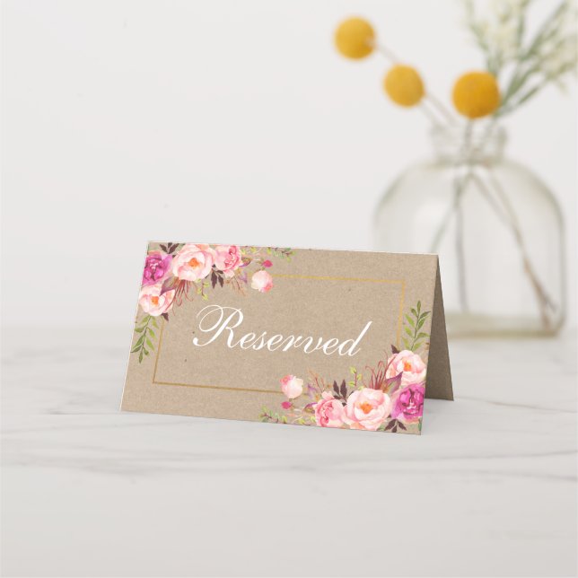 Carte De Placement Kraft Aquarelle rose Floral Or Mariage Réservé (Devant)