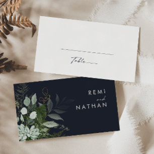 Carte De Placement La verdure et la feuille d'or Dark Navy Mariage