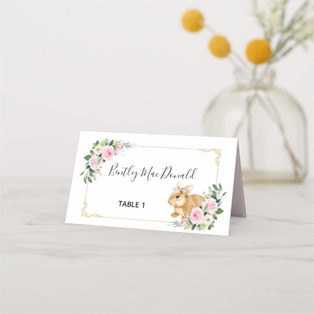 Carte De Placement Lapin Floral Rose & Or Lapin Pâques (Devant)