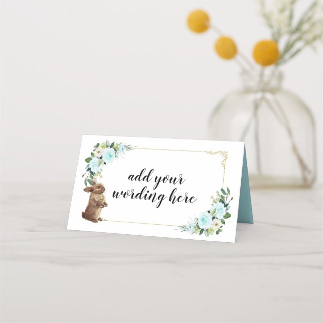 Carte De Placement Lapin lapin bleu et or avec fleurs Pâques (Devant)