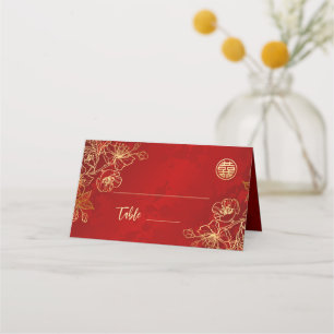 Carte De Placement Ligne artistique florale rouge or Mariage chinoi