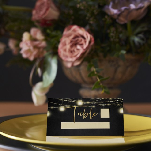 Carte De Placement Lumières de chaîne de script Gold Black Élégant (Créateur téléchargé)