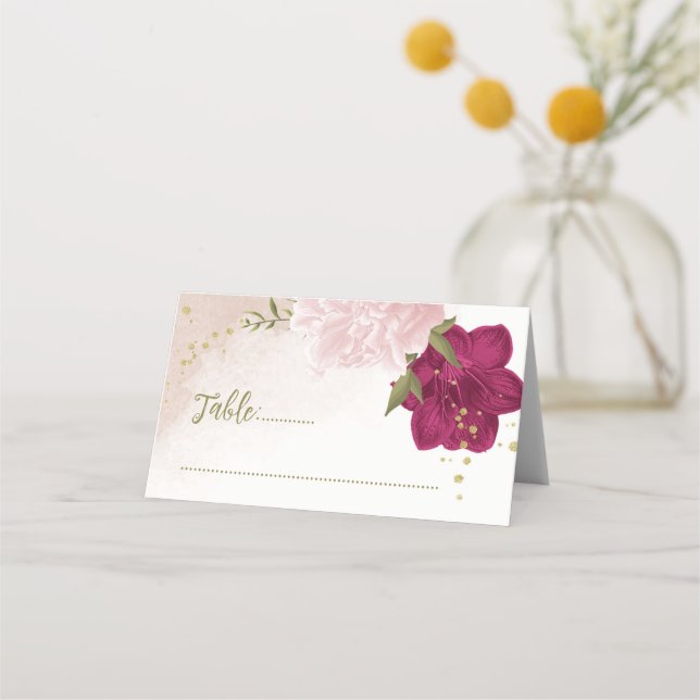 Carte De Placement magenta fleurs roses feuilles verts (Devant)
