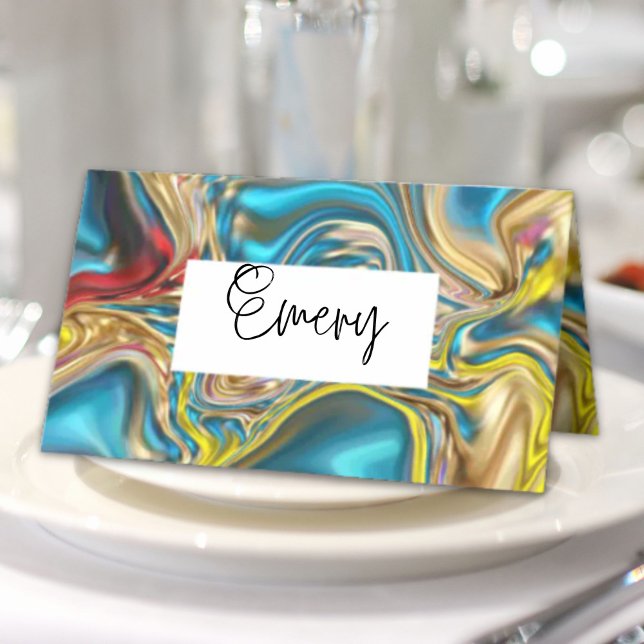 Carte De Placement marbre abstrait tourbillons jaune turquoise bleu t (
abstract marble swirls yellow teal turquoise blue place card)