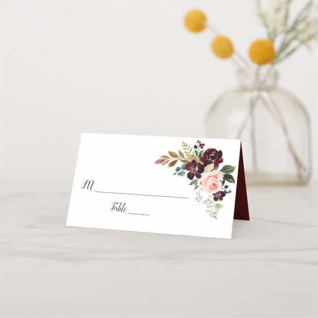Carte De Placement mariage à fleurs rose bordeaux et rousse (Devant)