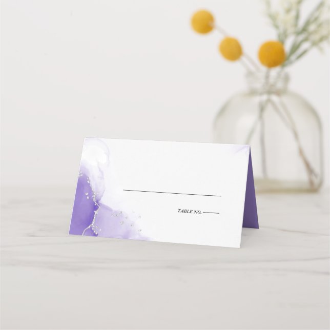 Carte De Placement Mariage | Amethyst Purple Script Argent (Devant)