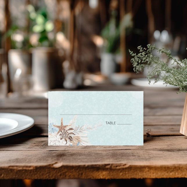 Carte De Placement Mariage Aqua Ocean & Shells (Modern Aqua Ocean & Seashells Wedding Flat Place Card)