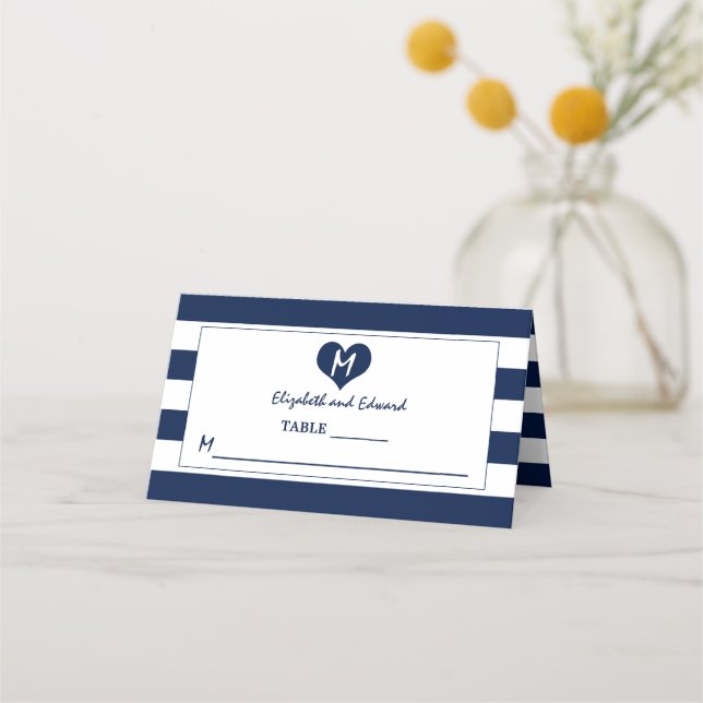 Carte De Placement Mariage bleu et blanc de marine moderne chic (Devant)