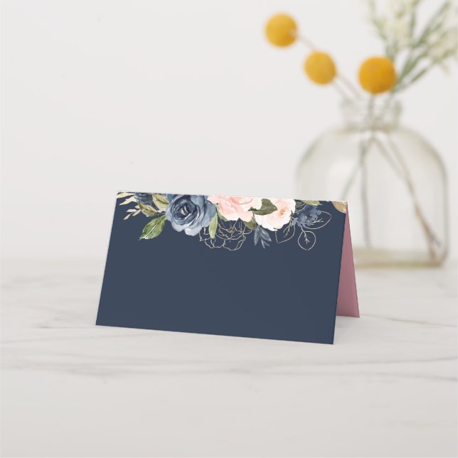 Carte De Placement Mariage bleu marine et rose fleur (Devant)