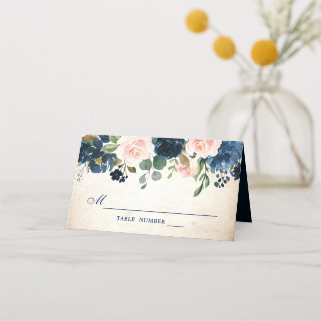 Carte De Placement Mariage botanique bleu bleu rose bleu marine (Devant)