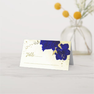 Carte De Placement Mariage botanique d'or des fleurs bleues royales