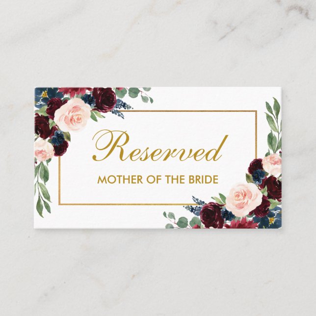 Carte De Placement Mariage Burgundy Blue Or Réservé Nom (Devant)