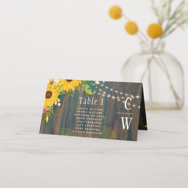 Carte De Placement Mariage campagnard Fleurs de soleil en bois rustiq (Devant)