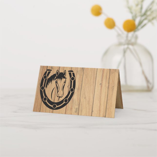 Carte De Placement Mariage campagnard Horse Horseshoe Western Wood (Devant)