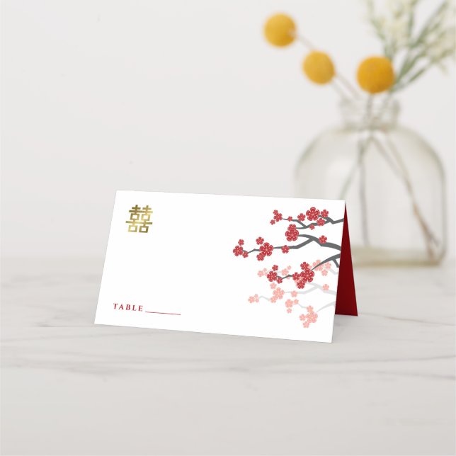Carte De Placement Mariage chinois Red Sakura Golden Double Bonheur (Devant)